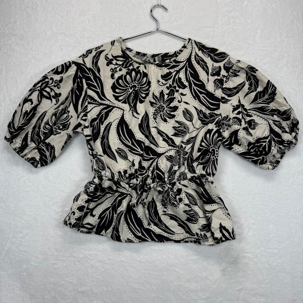 Who What Wear Floral Blouse Puff Sleeve‎ Cinched Waist Top Black Cream S